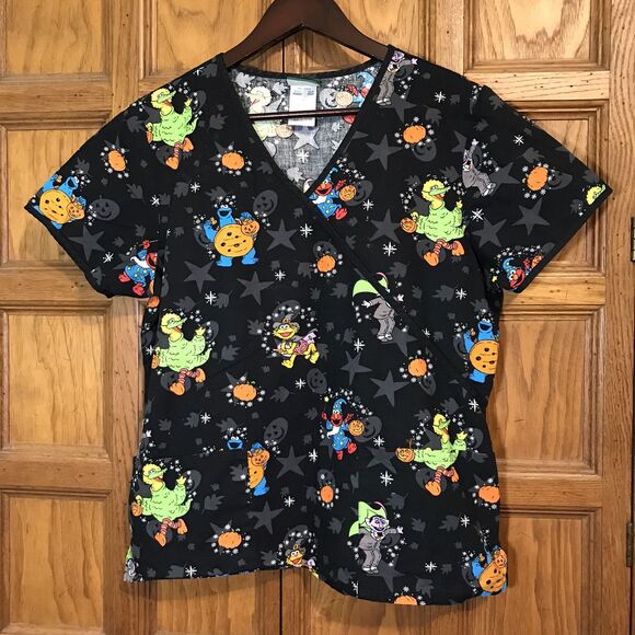 Sesame Street Tops - Sesame Street Halloween Top Women's M Black Cotton Poly V-Neck 2 Pocket Scrubs